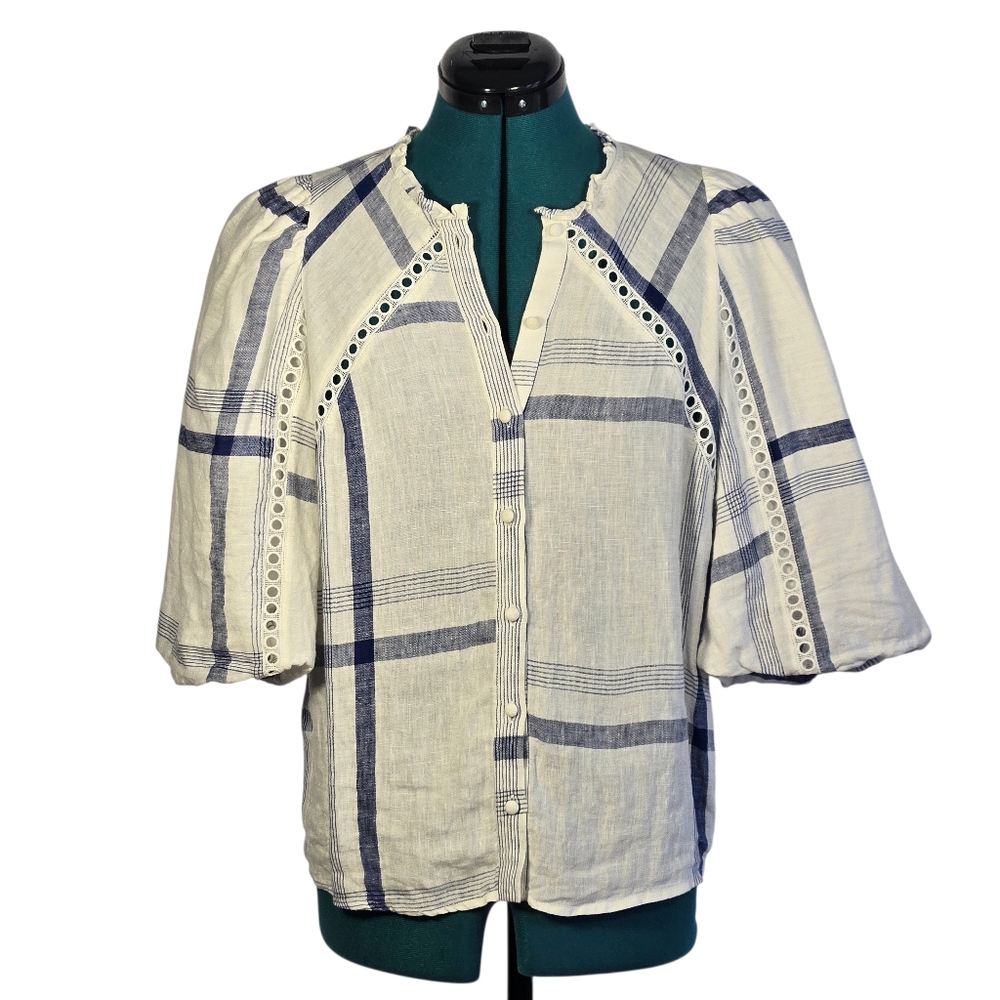 Caballero Celeste Linen Top Blouse Peasant Blue White Plaid Size XS Resort